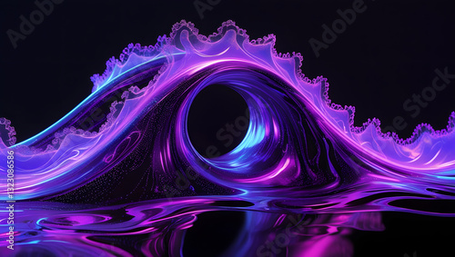 Gradient design element for backgrounds, wallpapers, posters and covers. Abstract fluid holographic iridescent purple curved wave in dark background 3d render. 