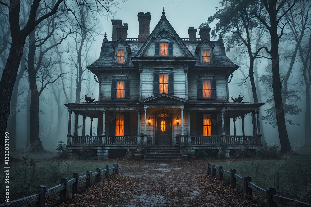 Obraz premium Haunted Mansion Surrounded by Mysterious Foggy Forest
