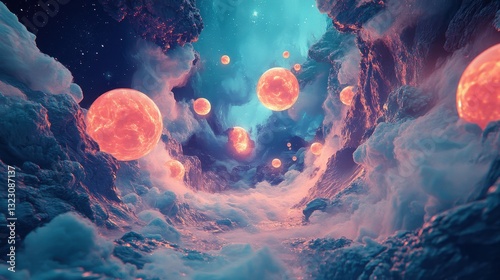 Celestial Canyon Glowing Planets Cosmic Landscape