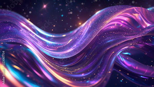 Gradient design element for backgrounds, wallpapers, posters and covers. Abstract fluid holographic iridescent purple curved wave in dark background 3d render. 