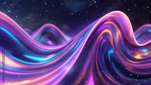 Gradient design element for backgrounds, wallpapers, posters and covers. Abstract fluid holographic iridescent purple curved wave in dark background 3d render. 