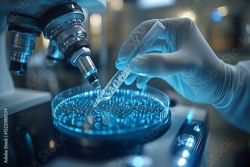 Close up of researcher using pipette to transfer genetic sample into petri dish under microscope, showcasing advanced laboratory techniques and precision