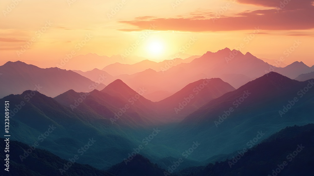 Obraz premium Serene Sunset Over Majestic Mountain Range in Soft Pastel Hues