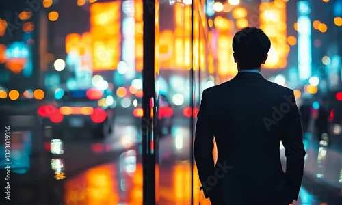 Silhouetted Professional Gazing at the Glowing City Lights Through a Large Window