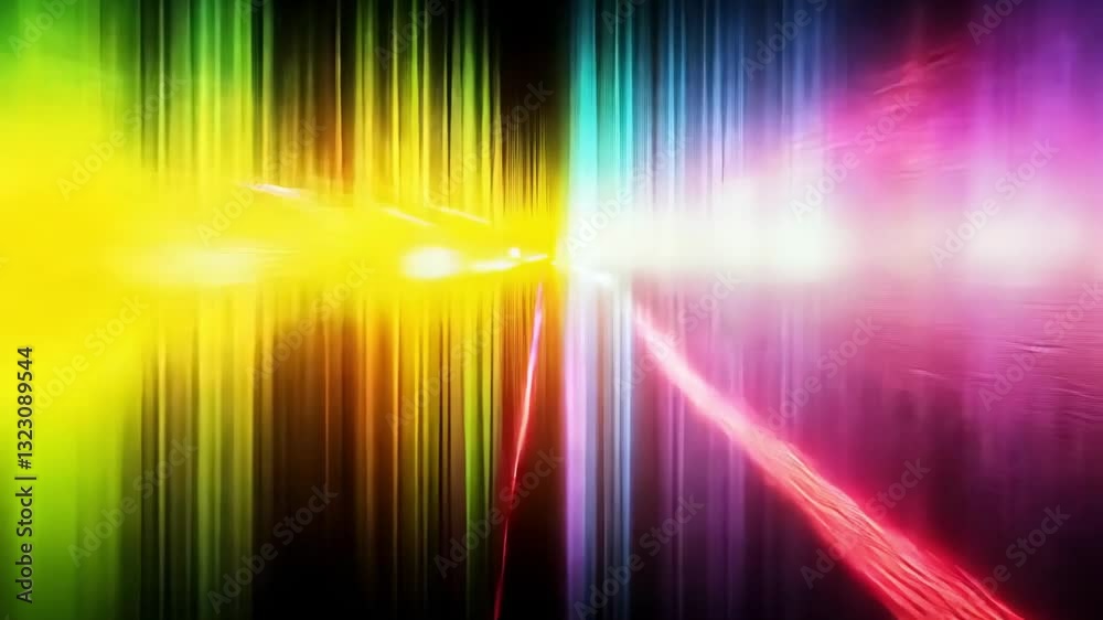 Colorful vertical lights create a vibrant atmosphere at a lively urban event in the evening