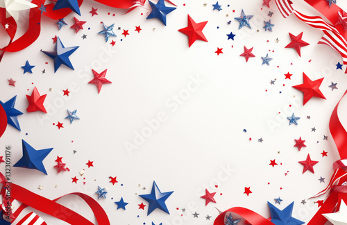 Patriotic Red White Blue Stars and Ribbons Frame Background