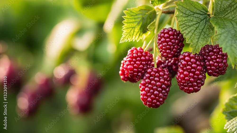 Juicy Berries on the Vine: A close-up shot showcases ripe berries, their vibrant colors enhanced by the sunlight filtering through lush green leaves. Juicy Berries on the Vine: A close-up shot showcases ripe berries, their vibrant colors enhanced by the sunlight filtering through lush green leaves.