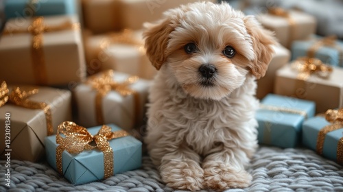 A charming maltipoo puppy lounges near beautifully wrapped birthday gifts, exuding joy and cuteness in a bright and inviting setting.