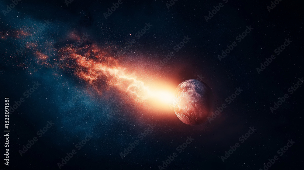 Obraz premium Celestial Inferno: A dynamic visual of a celestial body ablaze as it hurtles through the vast expanse of space, trailed by a fiery contrail that paints the cosmos with vibrant hues.