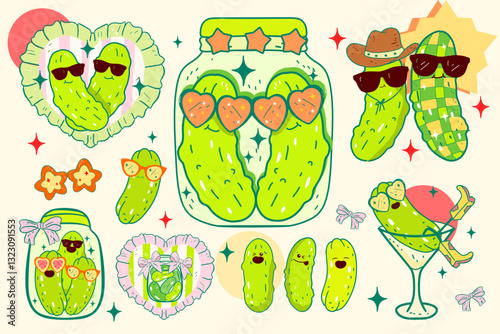 funny pickle cartoon illustration, cute dill, Groovy retro pickled cartoon, Pickle lover, Cucumbers, Coquette Pickle girl clipart,cowboy Pickle Cartoon Character with a Attitude wearing Sunglasses