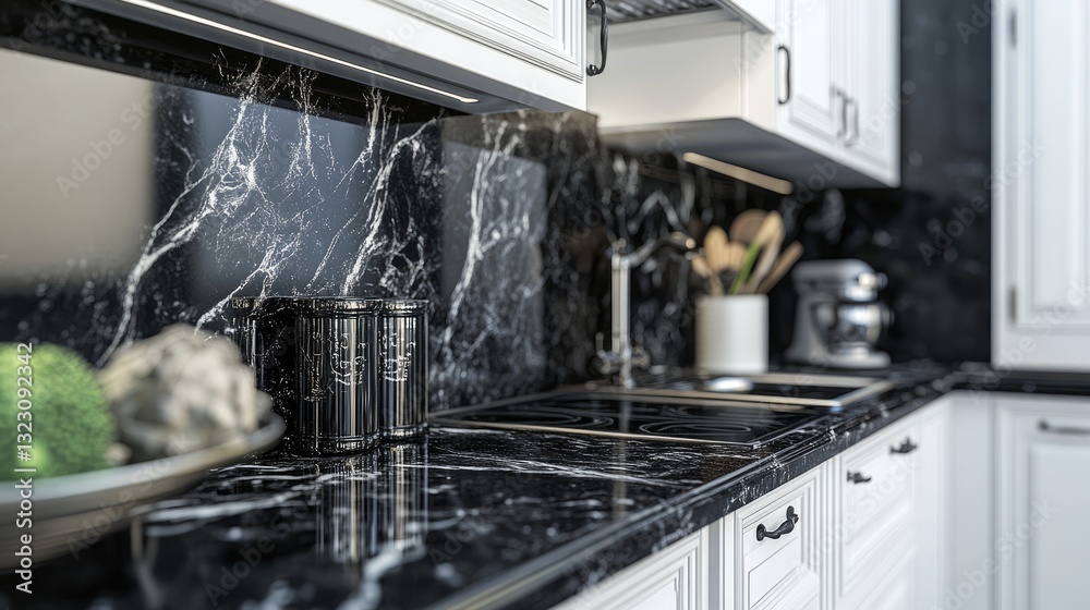 A luxurious MDF kitchen countertop with a high-gloss finish. A luxurious MDF kitchen countertop with a high-gloss finish.