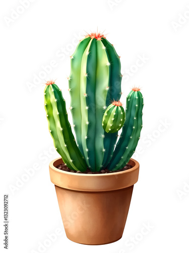 Digital refinement of a watercolor cactus piece in a pot.