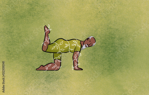 Mature man stretching with plant entwined