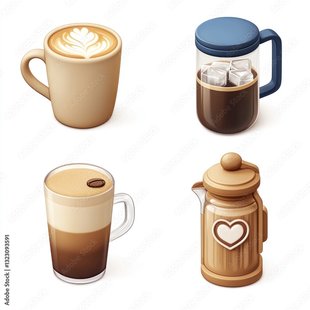 Obraz premium Various coffee drinks and brewing methods depicted in 3D illustrations