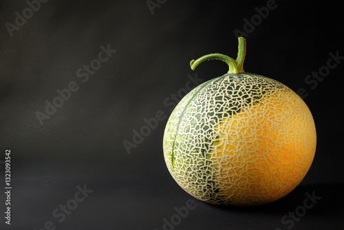 A single fresh ripe melon with a textured rind on display