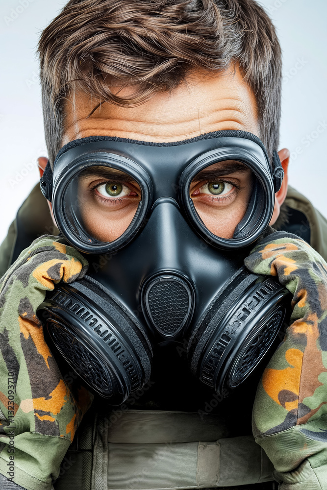 A man wearing a gas mask and camouflage jacket A man wearing a gas mask and camouflage jacket