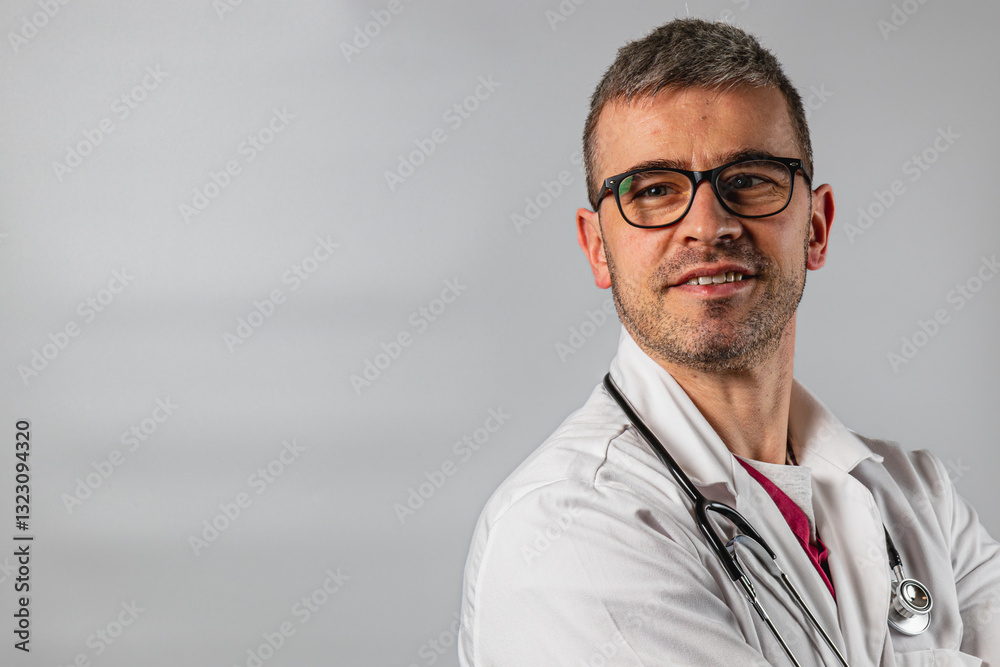 Confident doctor in white coat standing with stethoscope in studio Confident doctor in white coat standing with stethoscope in studio