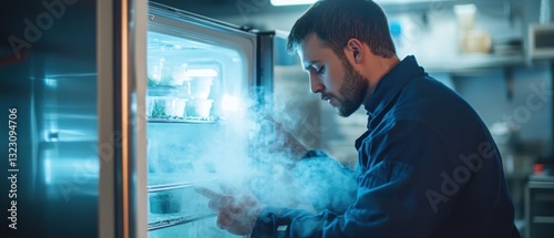 Refrigerator repairman fixing open fridge kitchen service indoor close-up maintenance tips