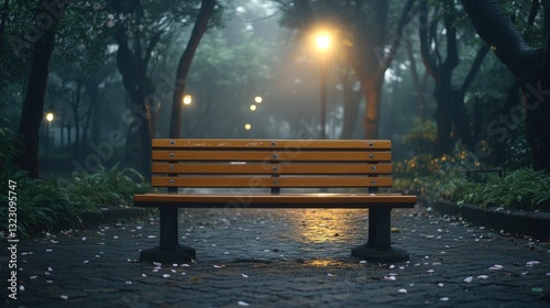 Quiet evening reflection park bench photography serene environment low angle peaceful atmosphere