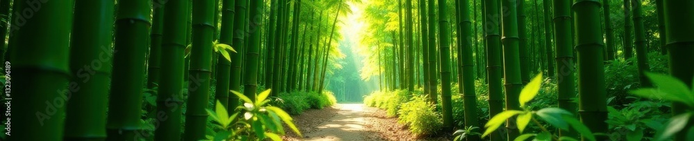 Obraz premium Tall bamboo shoots, sunlight filtering through leaves, pathway, outdoors, closeup, environment