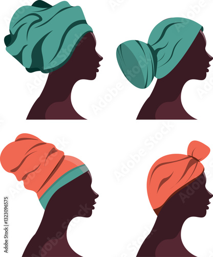 African woman in traditional turban, head wrap vector silhouette isolated