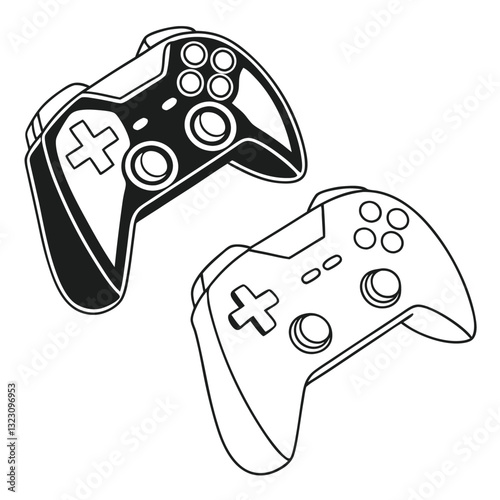 Video Game Controller Icon – Black and White Outline of Modern Gaming Console Joystick with Buttons and Analog Sticks for eSports, Console Gaming, and Digital Entertainment