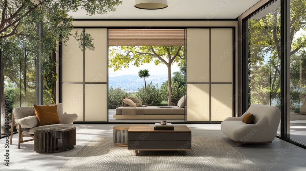 Fototapeta premium A plywood wardrobe with sliding doors and a sleek veneer finish.