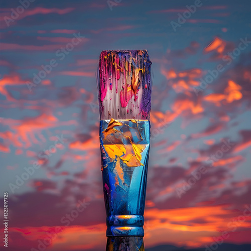 A single wide paintbrush dipped in a mix of bold, striking colors, held against a breathtaking sky filled with soft, glowing sunset hues.