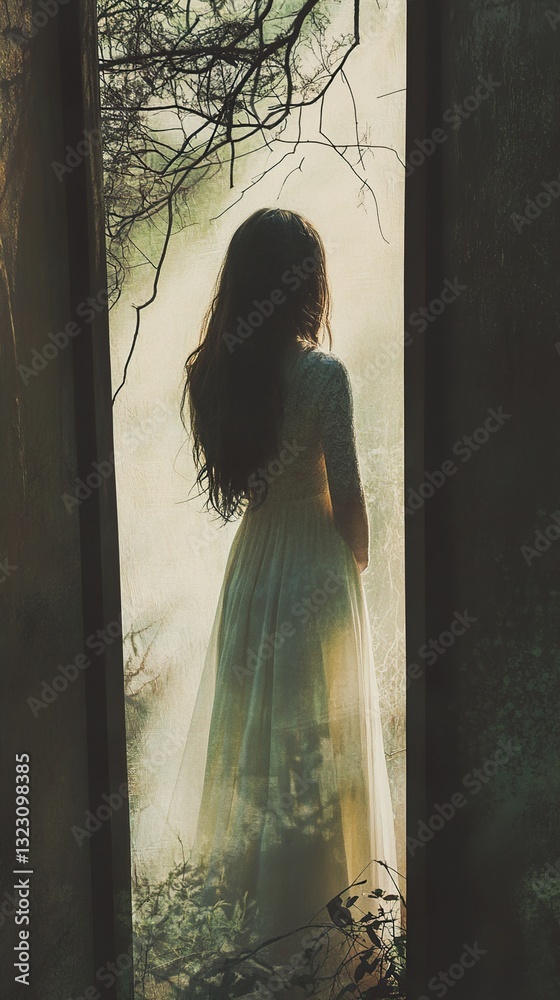 Obraz premium A Woman in a Dreamy Forest: A Moment of Quiet Contemplation