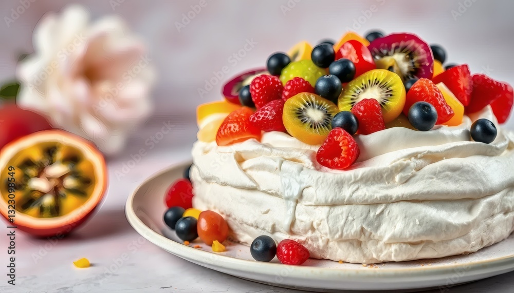 Delicious Pavlova Cake with Colorful Berries and Kiwi Fruit Dessert Close Up