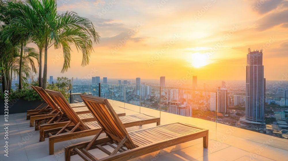 Fototapeta premium A set of wooden lounge chairs on a balcony with a city view.