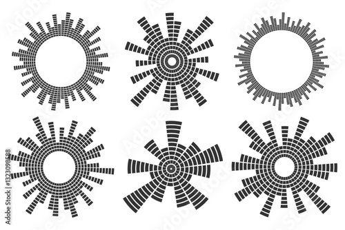 Sound music circular wave. Radial audio equalizer icons on white background. Vector round abstract graphic of voice and echo. Frequency geometric bar.
