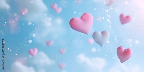 A light blue background with pastel-colored hearts floating amidst soft clouds and gentle sparkles