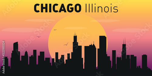 Silhouette of the city of Chicago, Illinois against the backdrop of a picturesque sunset.