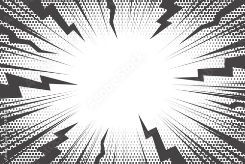 Comic background with thunder bolt and speed lines. Vector explosion effect with lightnings and halftone texture. Radial electric power and pattern of rays. Abstract black frame
