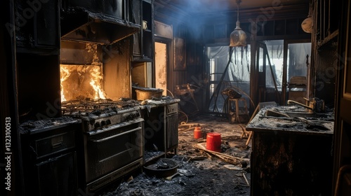charred kitchen on fire