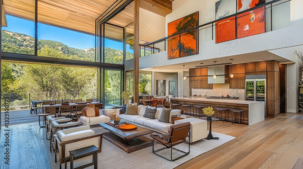 Fototapeta premium A solid wood beam installed in a high-ceiling modern home.