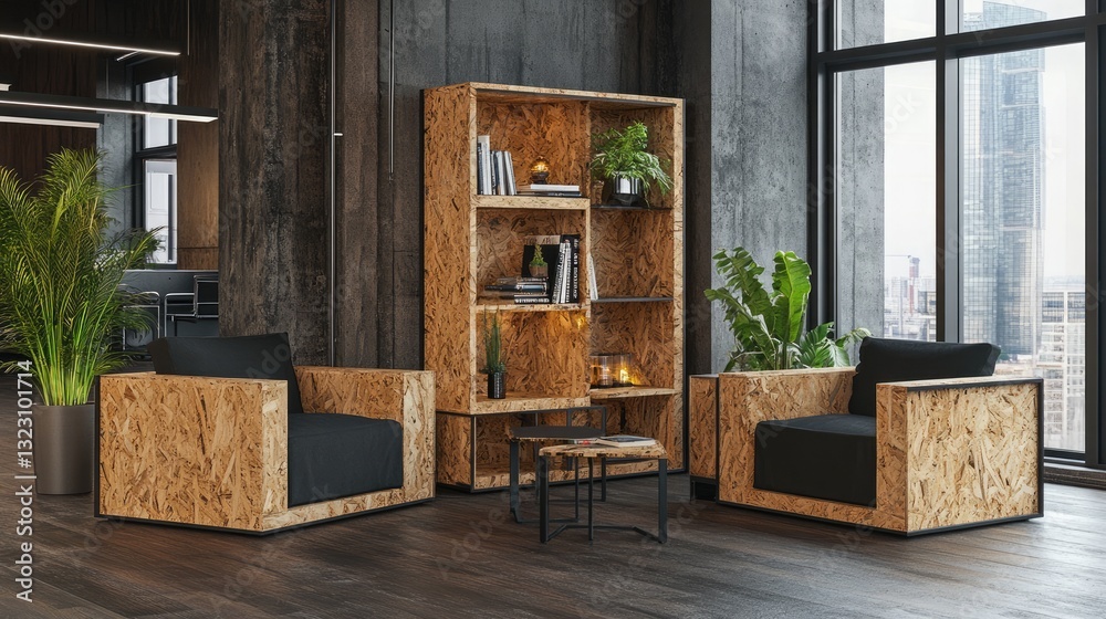 Fototapeta premium A stylish OSB bookshelf with a durable, natural wood finish.