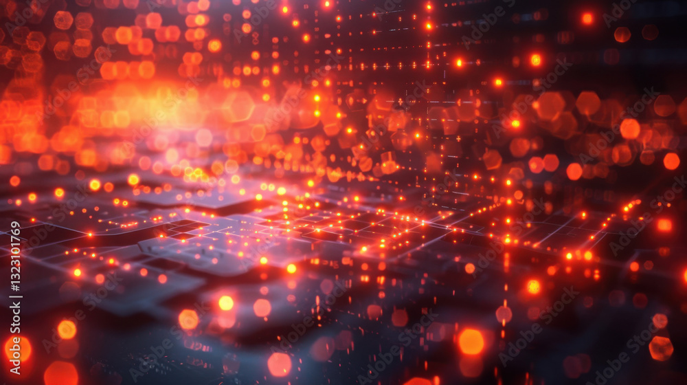 Obraz premium Holographic cyber landscape with a glowing digital matrix of interconnected neon lights and bokeh effects. 