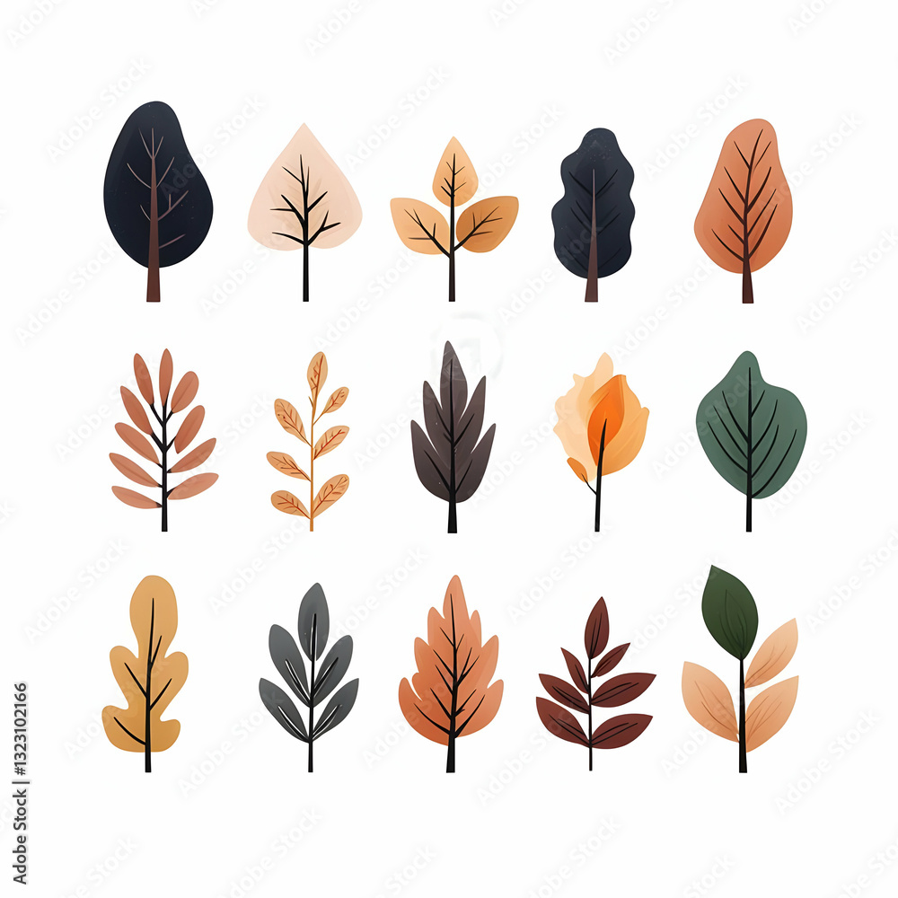 Various Tree and Leaf Illustrations in Autumn Colors and Styles