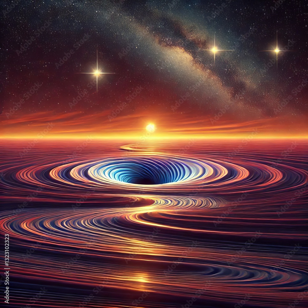 Fototapeta premium A swirling wormhole sits on the horizon between two setting star