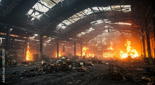 Fire-Damaged Structural Beams in a Commercial Building, Showcasing Burnt Wood and Charred Debris