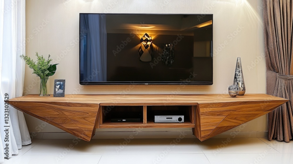 A trendy MDF wall-mounted TV unit with storage compartments. A trendy MDF wall-mounted TV unit with storage compartments.