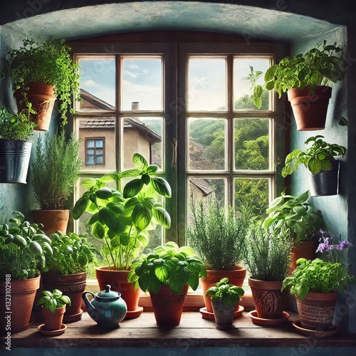 A window filled with pots of fragrant herbs such as basil mint a