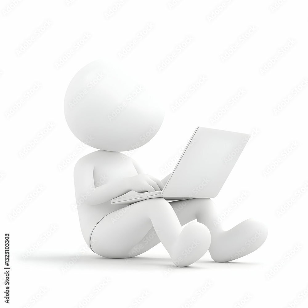 Creative character working on laptop in minimalist design concept Creative character working on laptop in minimalist design concept