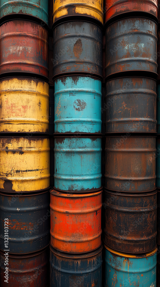 Stacked Industrial Barrels Showing Decay and Economic Challenges – Energy, Trade Tariffs, and Resource Scarcity. Stacked Industrial Barrels Showing Decay and Economic Challenges – Energy, Trade Tariffs, and Resource Scarcity.