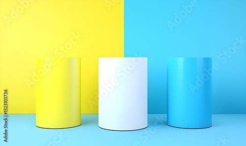 Colorful Cylinder Shapes on Bright Yellow and Blue Backgrounds
