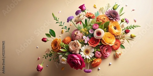 Layered Flower Arrangement, Dynamic Freeze Action, Natural Organic Flat Lay, Copy Space