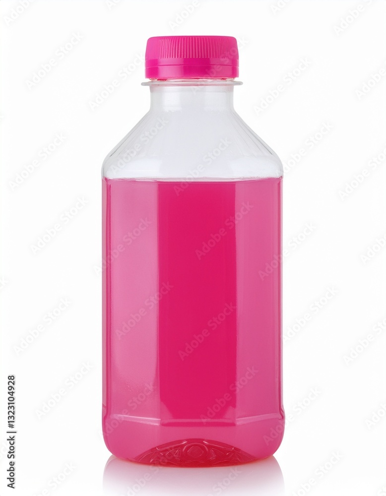 Close-up of a plastic bottle filled with bright pink liquid. The bottle has a pink cap and is set against a white background. Close-up of a plastic bottle filled with bright pink liquid. The bottle has a pink cap and is set against a white background.