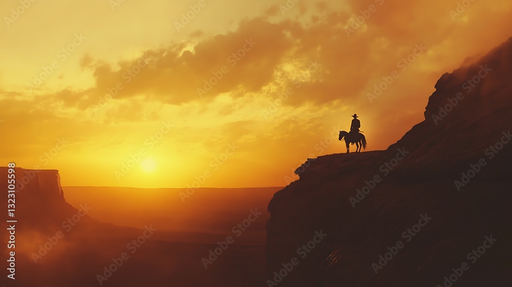Silhouette of a cowboy on horseback standing on a cliff at sunset with a dramatic sky in a desert landscape
Silhouette of a cowboy on horseback standing on a cliff at sunset with a dramatic sky in a desert landscape
